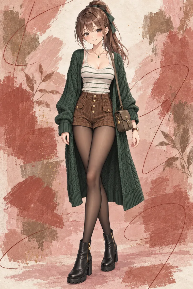 AIイラスト版｜ボーダータンクとロングニットカーディガンにブラウンのコーデュロイホットパンツ、黒タイツとショートブーツを合わせたコーデ