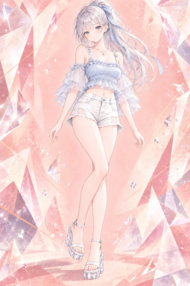 AIイラスト版｜アイスブルーのシャーリングトップに白デニムのダメージホットパンツ、クリアウェッジサンダルを合わせたコーデ