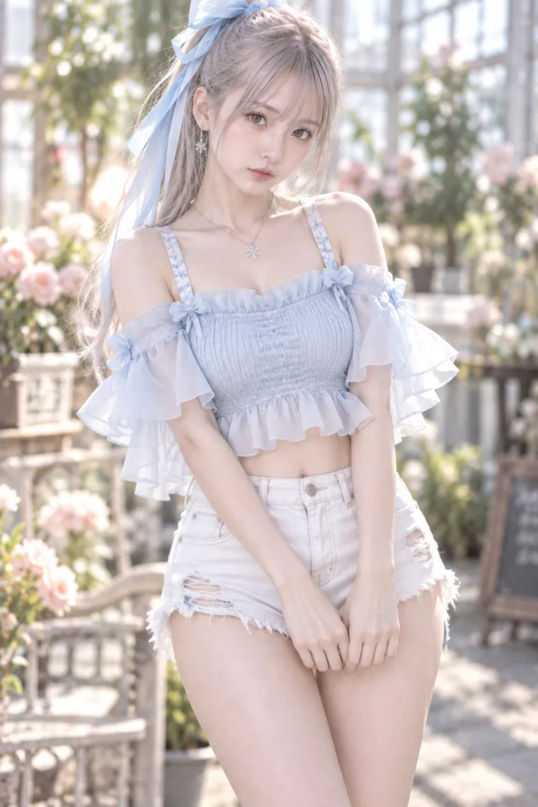 実写AI美女版｜アイスブルーのシャーリングトップに白デニムのダメージホットパンツ、クリアウェッジサンダルを合わせたコーデ