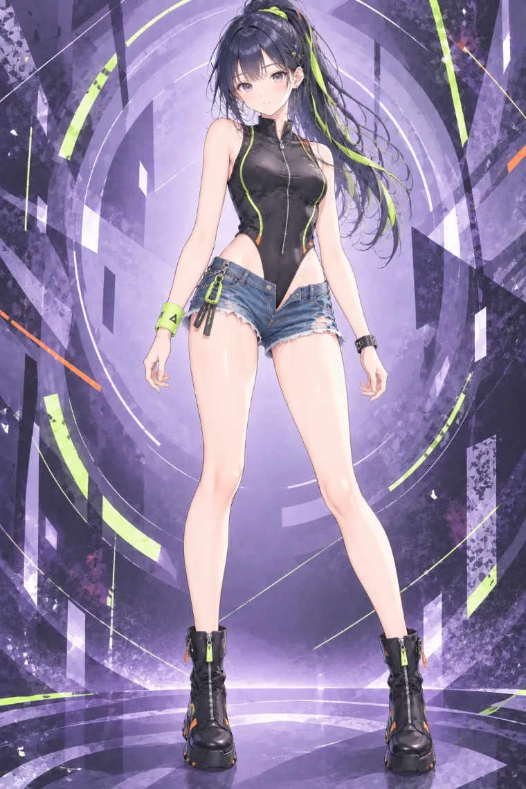 AIイラスト版｜黒のテクニカルボディスーツに濃紺ローライズデニムのホットパンツ、黒のテクニカルショートブーツを合わせたコーデ