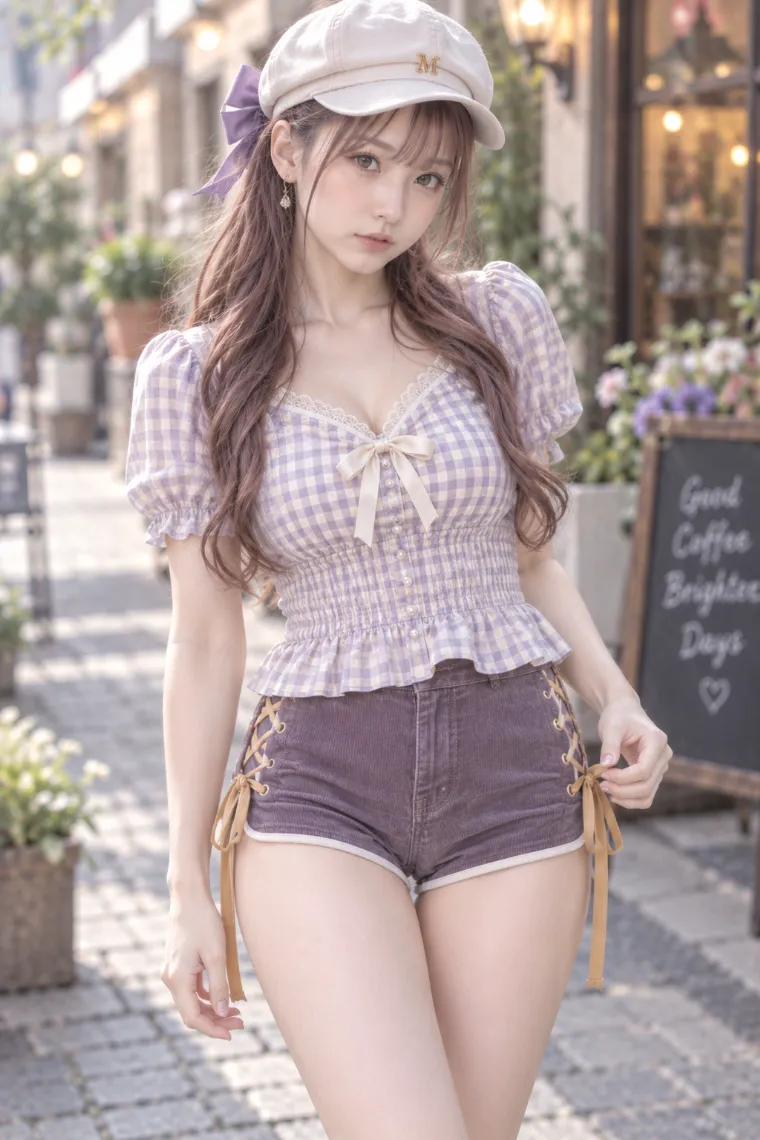 実写AI美女版｜ラベンダー×クリームのギンガムブラウスにモーブのコーデュロイホットパンツ、ダークブラウンのチェルシーブーツを合わせたコーデ