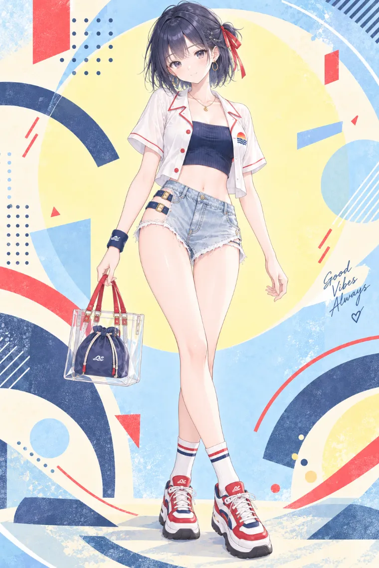 AIイラスト版｜白のクロップドシャツとネイビーのバンドゥトップにアシンメトリーデニムのホットパンツ、厚底スニーカーを合わせたコーデ