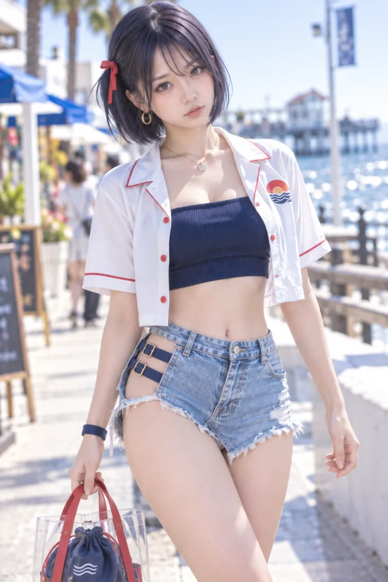 実写AI美女版｜白のクロップドシャツとネイビーのバンドゥトップにアシンメトリーデニムのホットパンツ、厚底スニーカーを合わせたコーデ