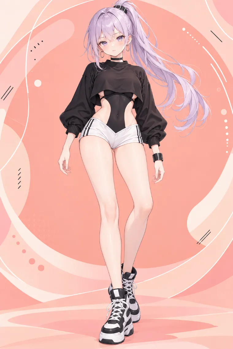 AIイラスト版｜黒のカットアウトスウェットとハイレグボディスーツに白のスポーツホットパンツ、厚底ハイカットスニーカーを合わせたコーデ