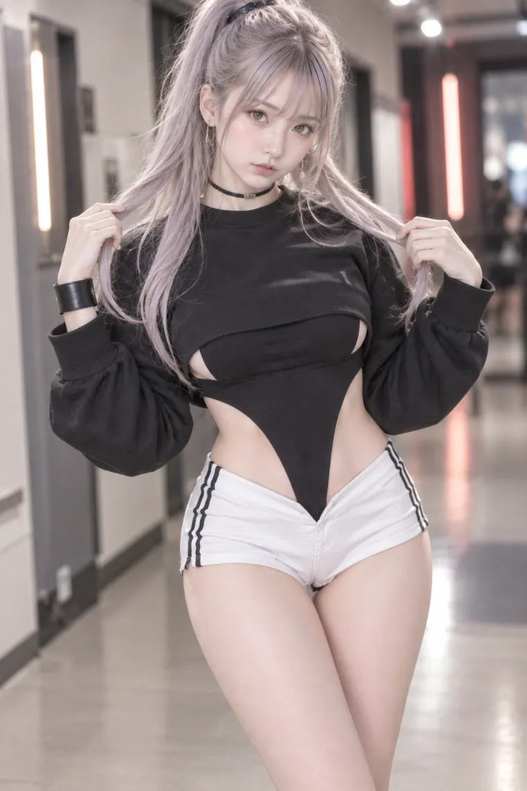 実写AI美女版｜黒のカットアウトスウェットとハイレグボディスーツに白のスポーツホットパンツ、厚底ハイカットスニーカーを合わせたコーデ