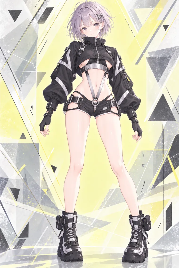 AIイラスト版｜黒のテクニカルジャケットとハーネスにサイドカットアウトホットパンツ、黒×シルバーの厚底ハイカットブーツを合わせたコーデ