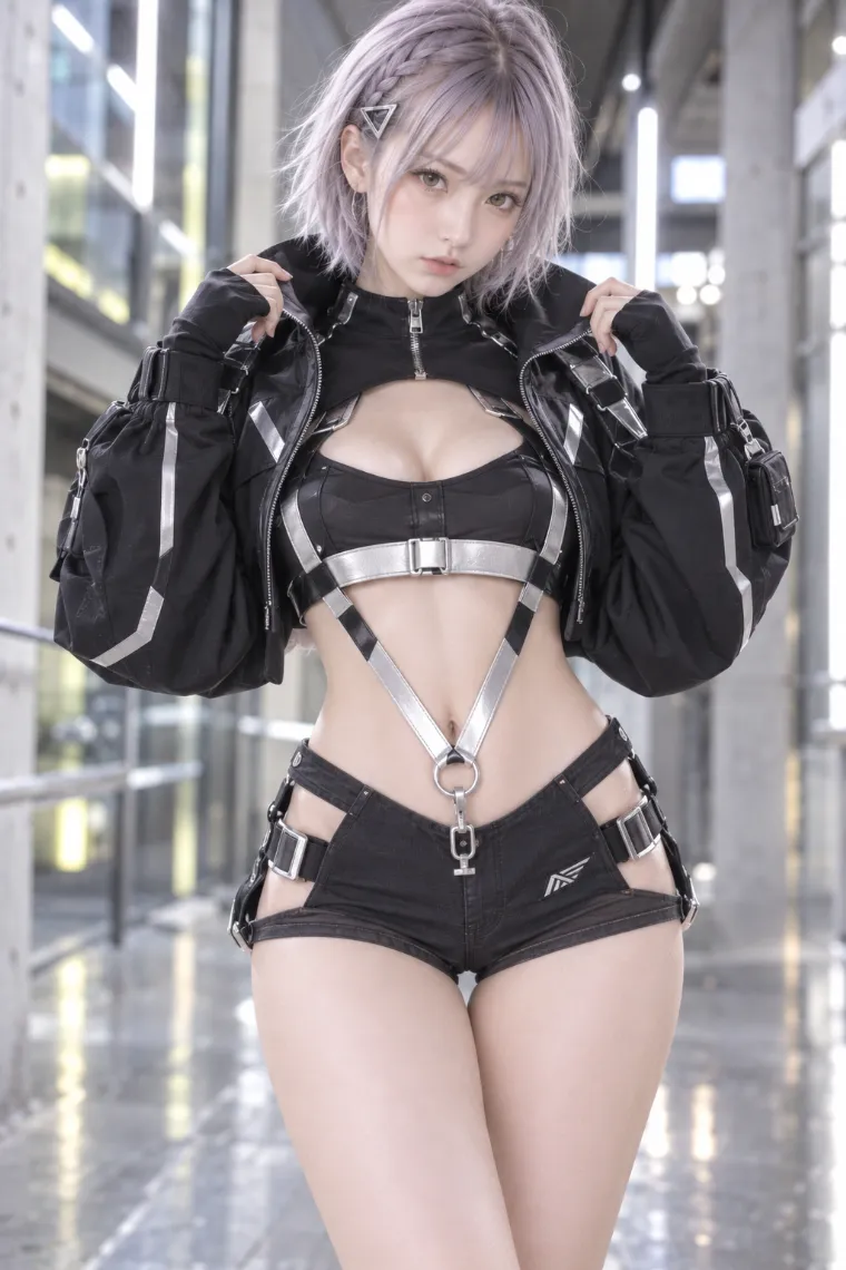 実写AI美女版｜黒のテクニカルジャケットとハーネスにサイドカットアウトホットパンツ、黒×シルバーの厚底ハイカットブーツを合わせたコーデ