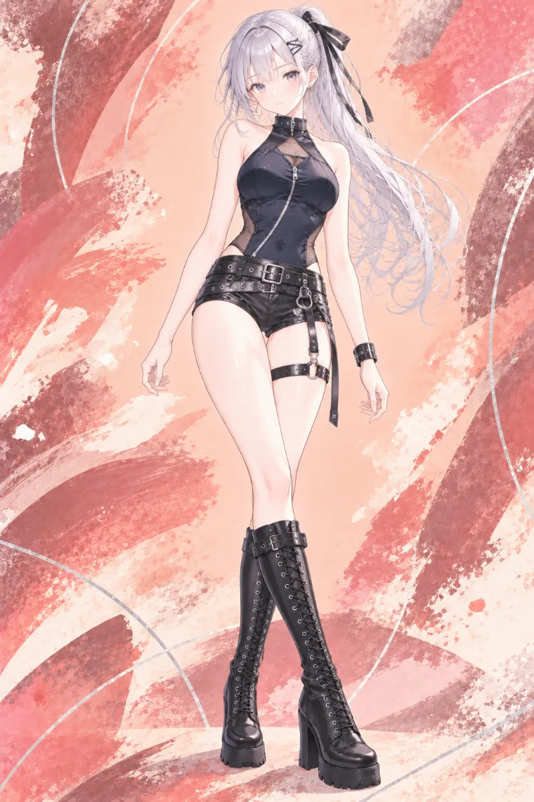 AIイラスト版｜黒×ネイビーのホルタートップに黒レザーのダブルベルトホットパンツ、黒のニーハイブーツを合わせたコーデ
