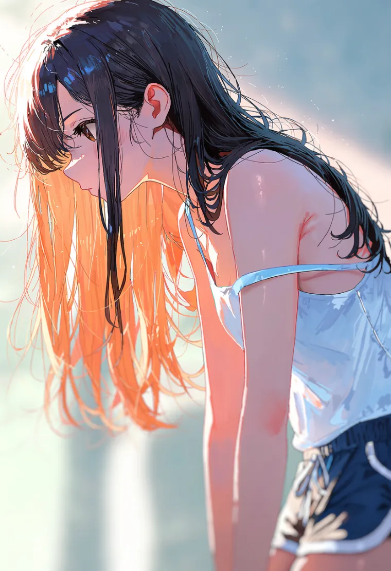 上体を丸めた疲れた姿勢の女性を描いたAIイラスト