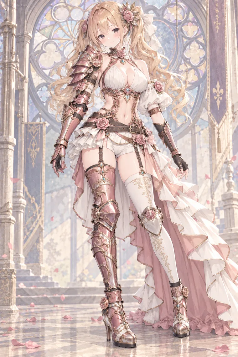 AIイラスト版|アイボリーのホルターとローズゴールドの花甲冑にフリルスカートとロングトレーンを合わせた騎士コーデ