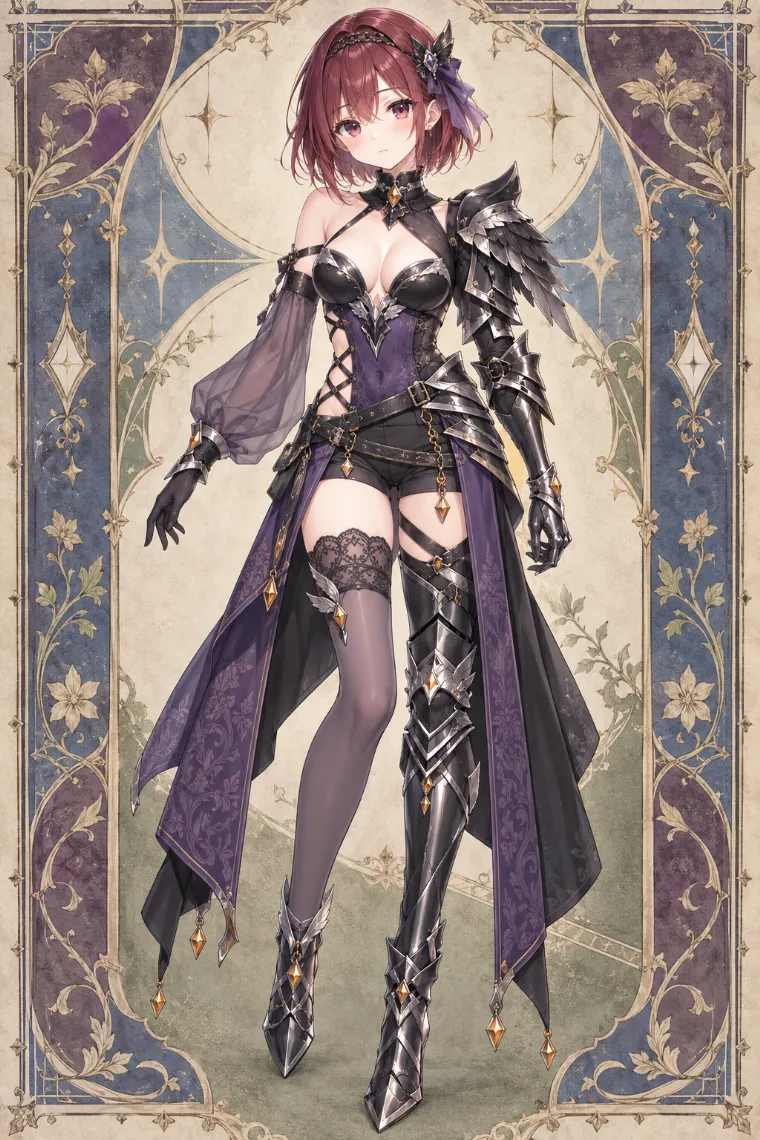 AIイラスト版|ブラックとバイオレットの装いに左側重装ウイングアーマーと片脚フルプレートを合わせた非対称騎士コーデ