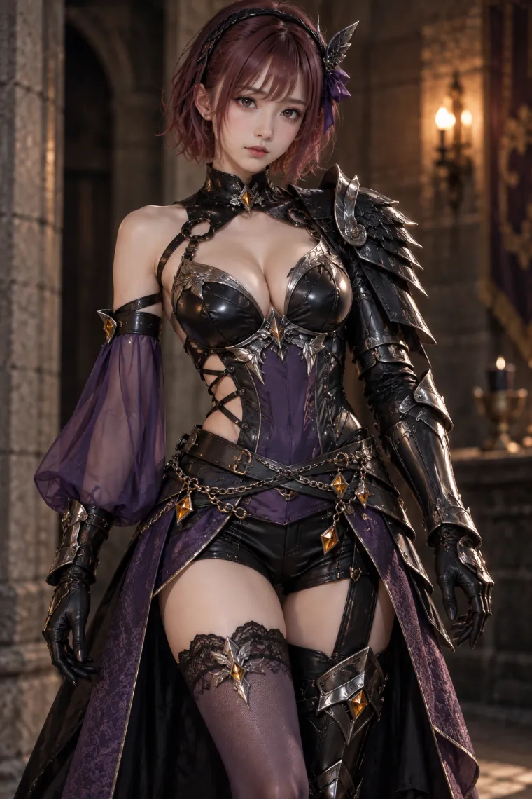 実写AI版|ブラックとバイオレットの装いに左側重装ウイングアーマーと片脚フルプレートを合わせた非対称騎士コーデ