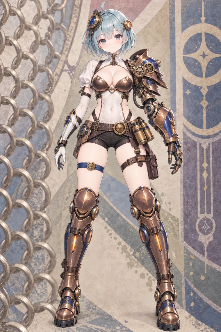 AIイラスト版|アイボリーのボディスーツにカッパーとコバルトの巨大メカアームと機械甲冑を合わせた騎士コーデ