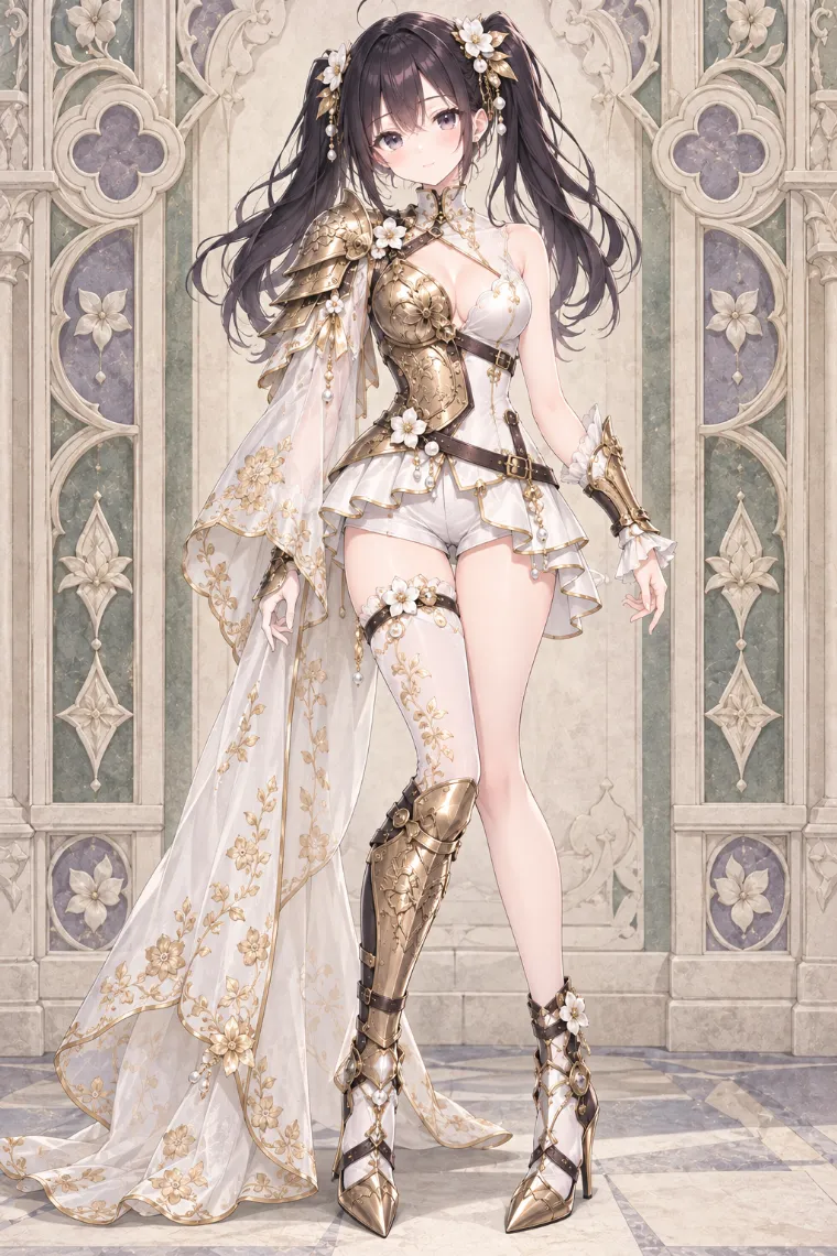 AIイラスト版|白ロンパースにシャンパンゴールドの花装飾甲冑と透けるロングトレーンを合わせた騎士コーデ