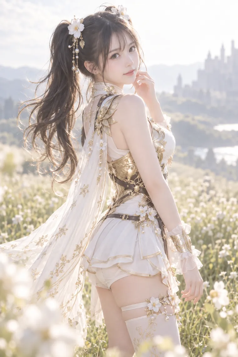 実写AI版|白ロンパースにシャンパンゴールドの花装飾甲冑と透けるロングトレーンを合わせた騎士コーデ