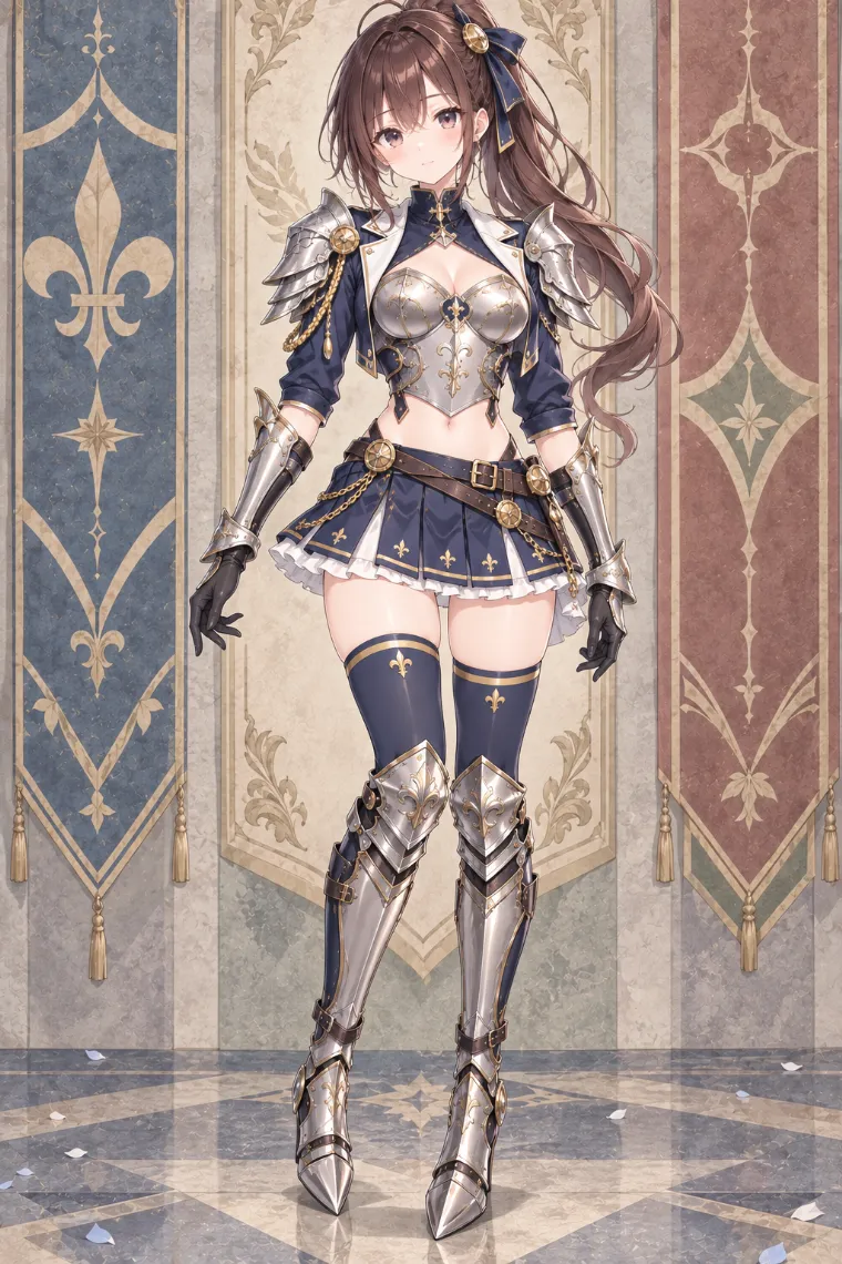 AIイラスト版|ネイビーの制服風ジャケットとボックスプリーツミニにシルバー甲冑を合わせた騎士コーデ