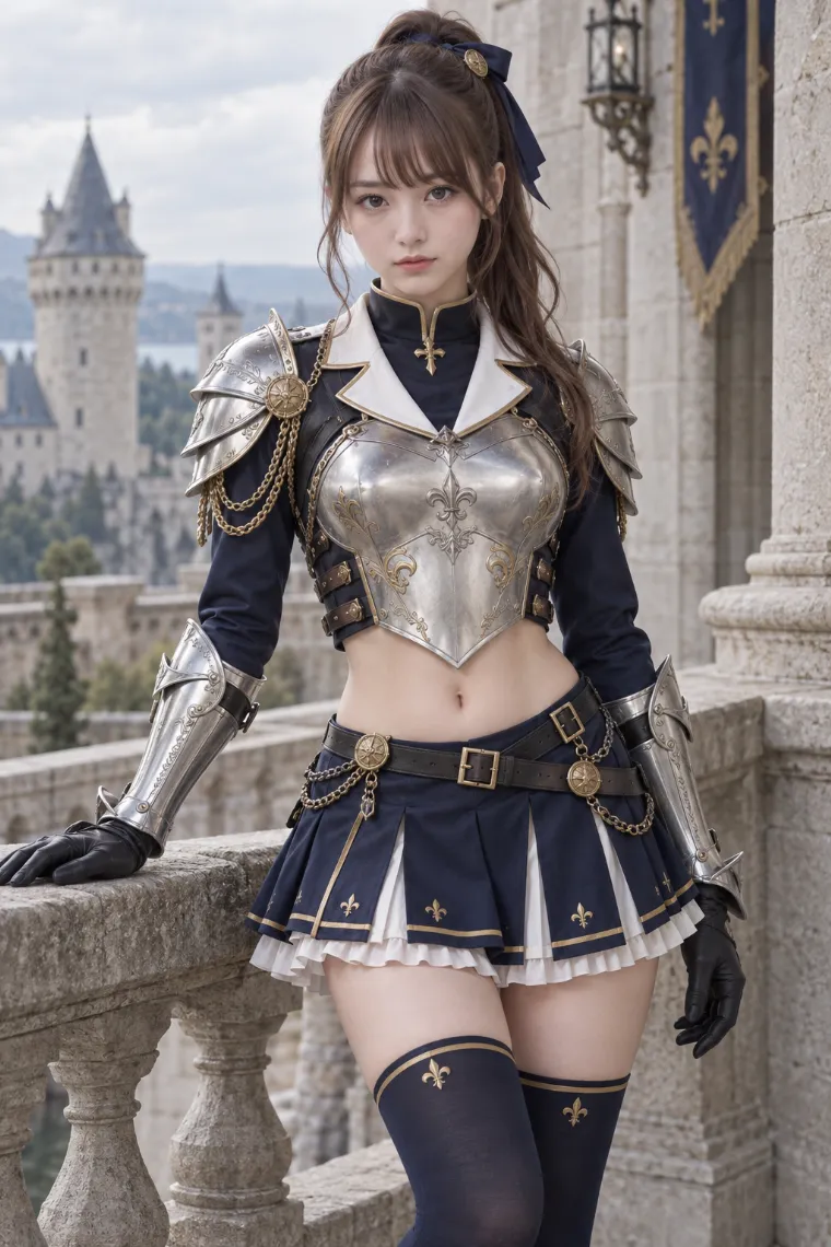 実写AI版|ネイビーの制服風ジャケットとボックスプリーツミニにシルバー甲冑を合わせた騎士コーデ