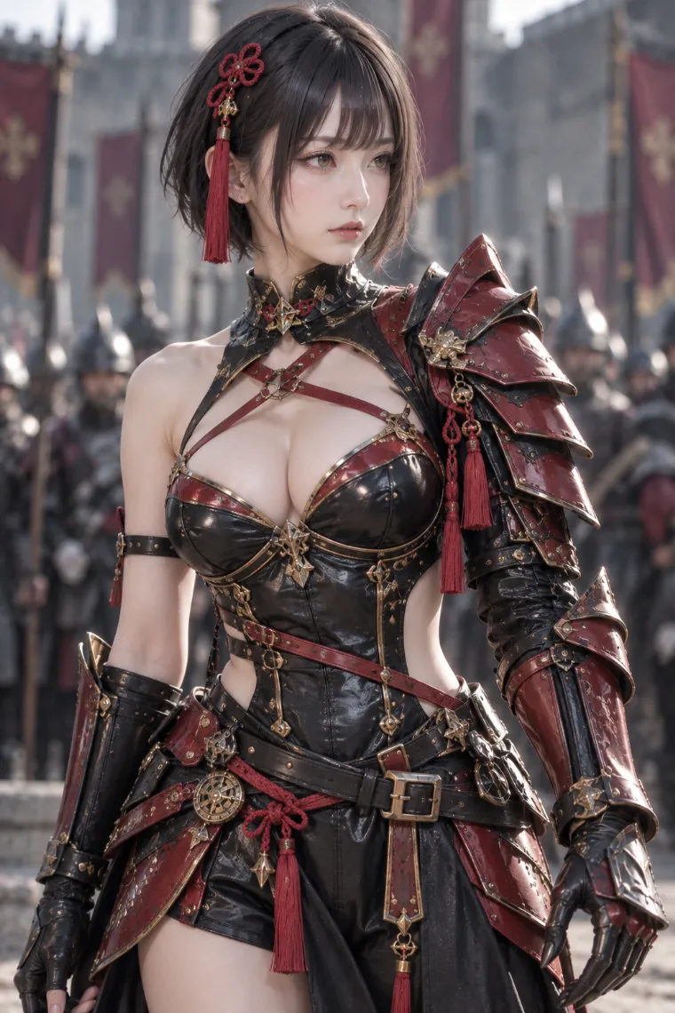 実写AI版|ブラックとクリムゾンのインナースーツに左側重装甲と左右非対称の脚甲を合わせた騎士コーデ