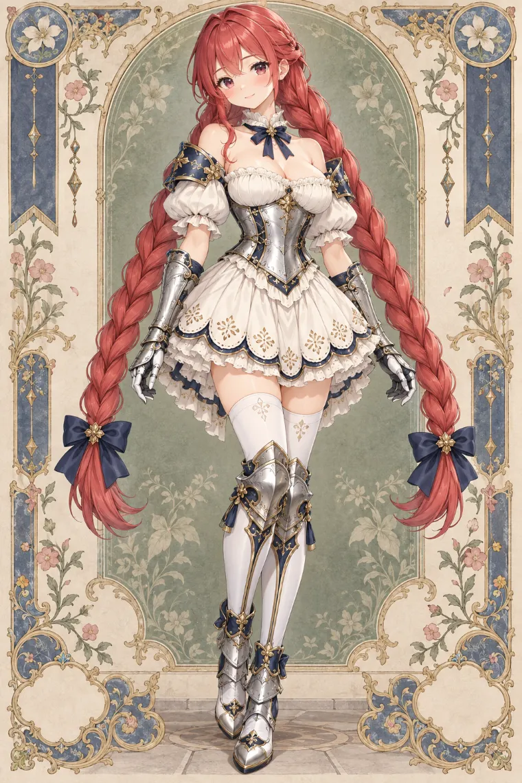 AIイラスト版|アイボリーのオフショルドレスにシルバーコルセットとネイビー・ゴールドの甲冑を合わせた騎士コーデ