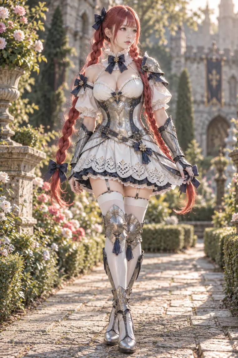 実写AI版|アイボリーのオフショルドレスにシルバーコルセットとネイビー・ゴールドの甲冑を合わせた騎士コーデ