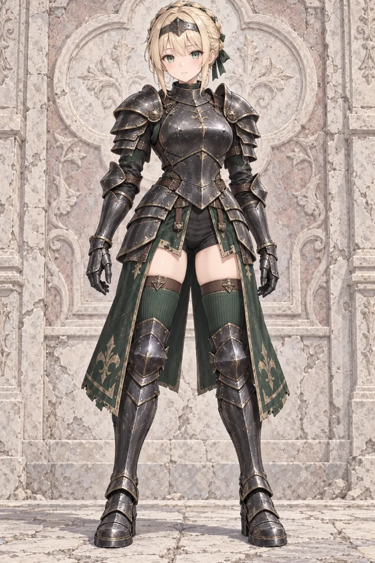 AIイラスト版|深緑の分割タバードに傷や欠けのある黒鉄フルプレートと重厚ブーツを合わせた騎士コーデ
