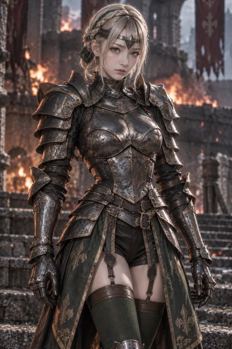 実写AI版|深緑の分割タバードに傷や欠けのある黒鉄フルプレートと重厚ブーツを合わせた騎士コーデ