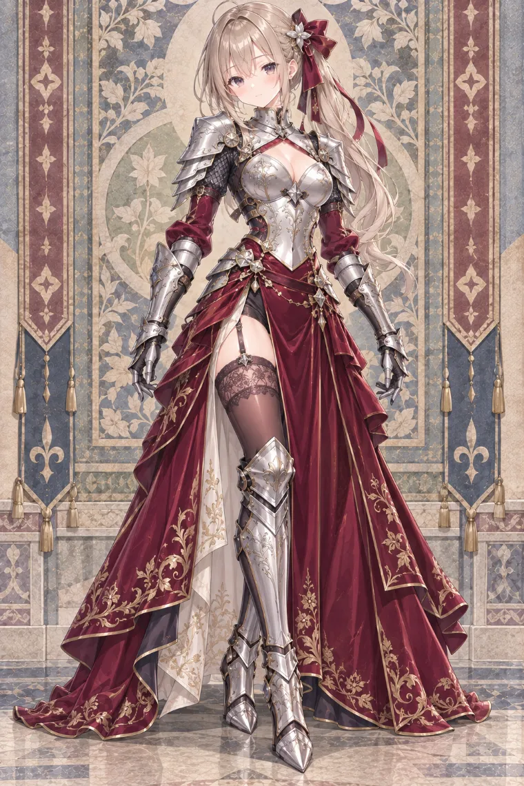 AIイラスト版|ワインレッドのロングベルベットスカートに彫刻入りシルバー甲冑と尖りブーツを合わせた騎士コーデ