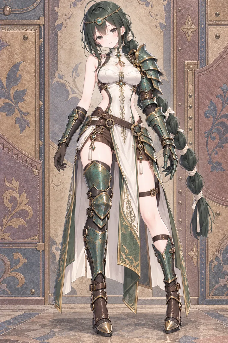 AIイラスト版|アイボリーチュニックに緑青銅の左右非対称アーマーとブラウンレザーブーツを合わせた騎士コーデ