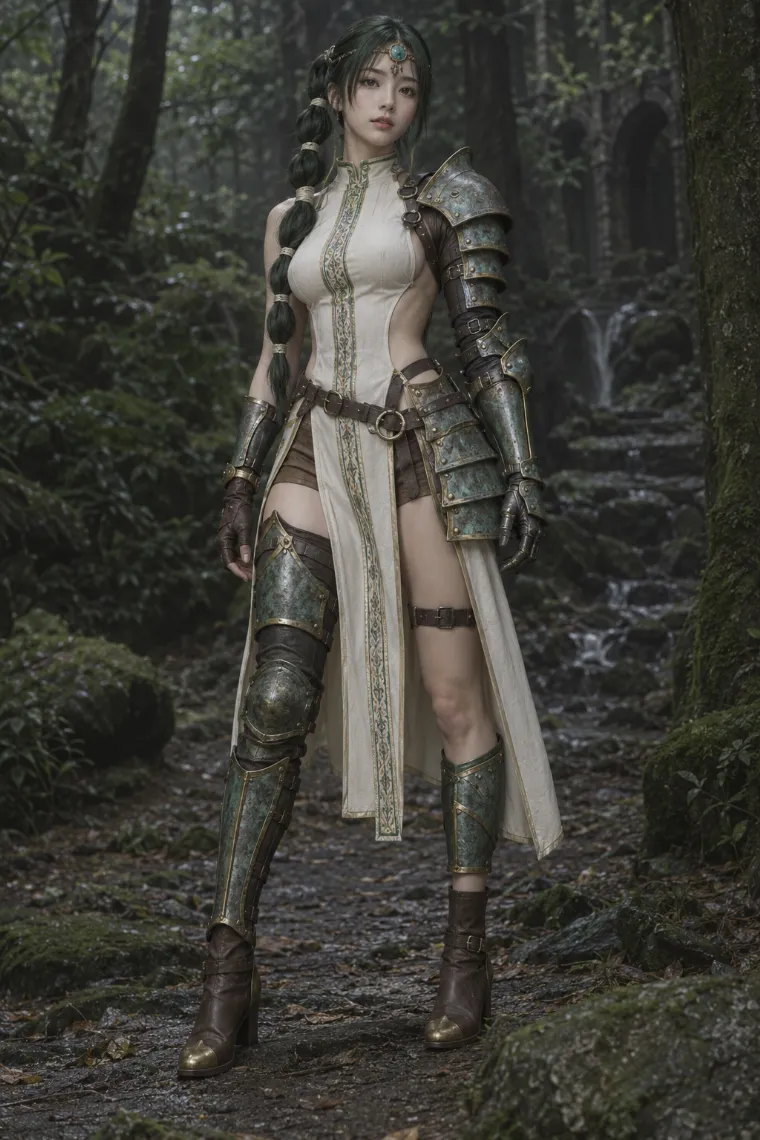 実写AI版|アイボリーチュニックに緑青銅の左右非対称アーマーとブラウンレザーブーツを合わせた騎士コーデ