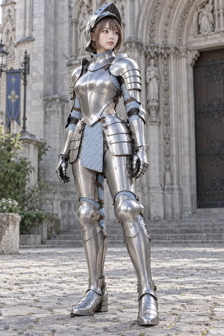 実写AI版|水色キルティングの下衣に磨かれたシルバーのフルプレートアーマーを重ねた正統派騎士コーデ
