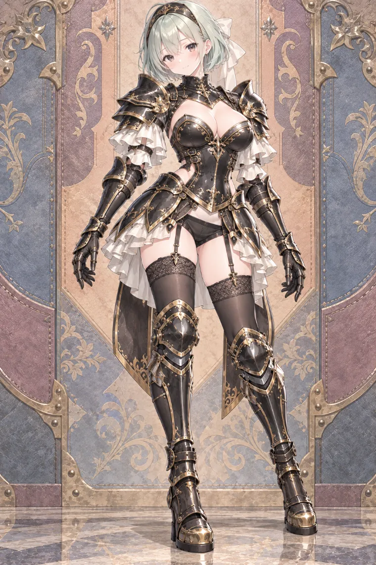 AIイラスト版|ブラックとアンティークゴールドの装飾甲冑にアイボリーフリルと黒レースニーハイを合わせた騎士コーデ