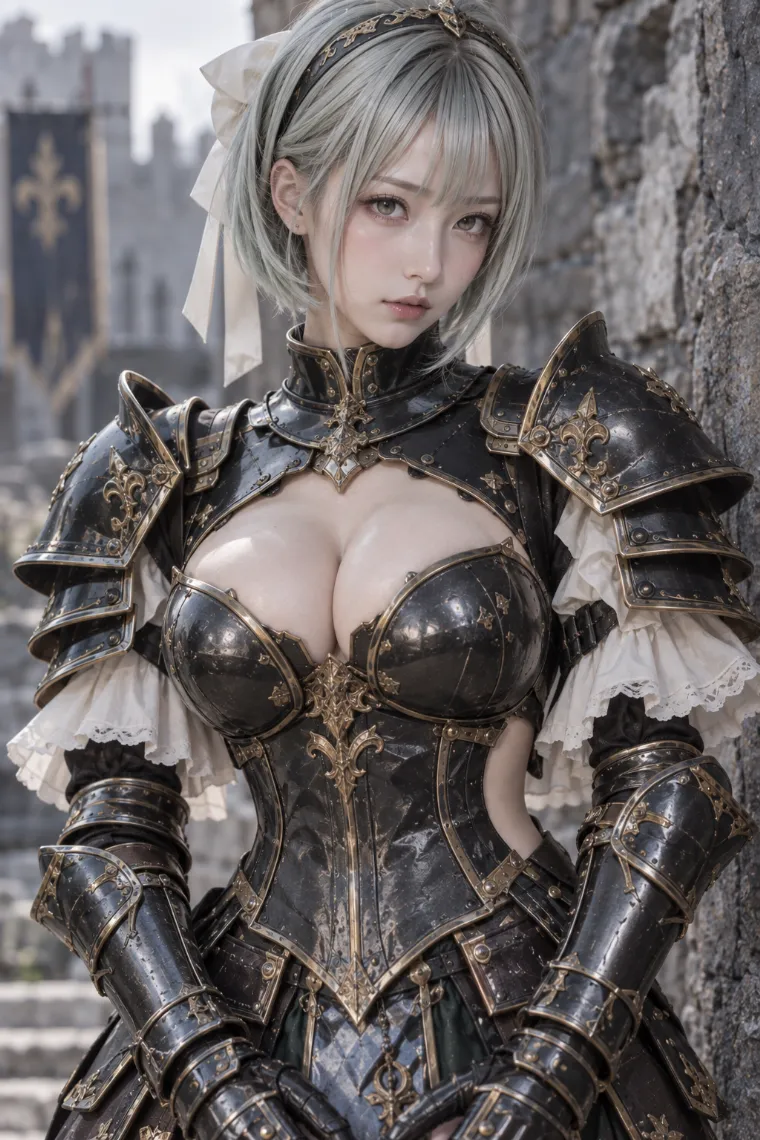 実写AI版|ブラックとアンティークゴールドの装飾甲冑にアイボリーフリルと黒レースニーハイを合わせた騎士コーデ