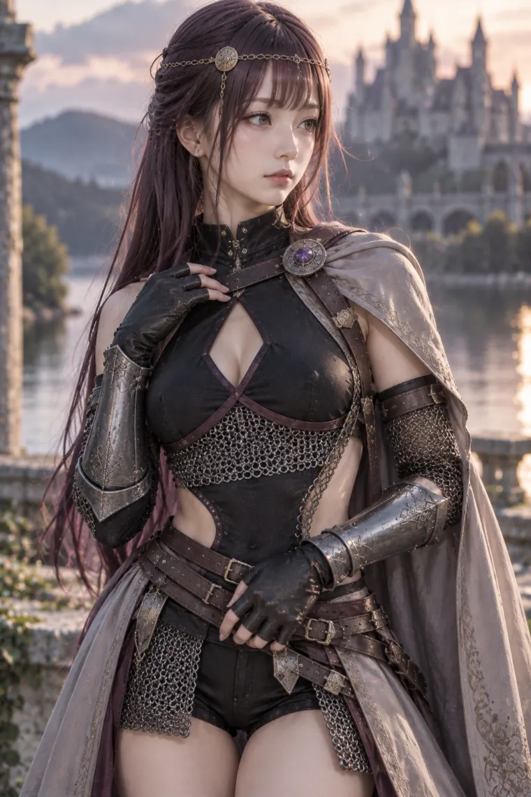 実写AI版|ブラックのハイネックとチェーンメイルにグレージュの非対称ケープと編み上げブーツを合わせた騎士コーデ