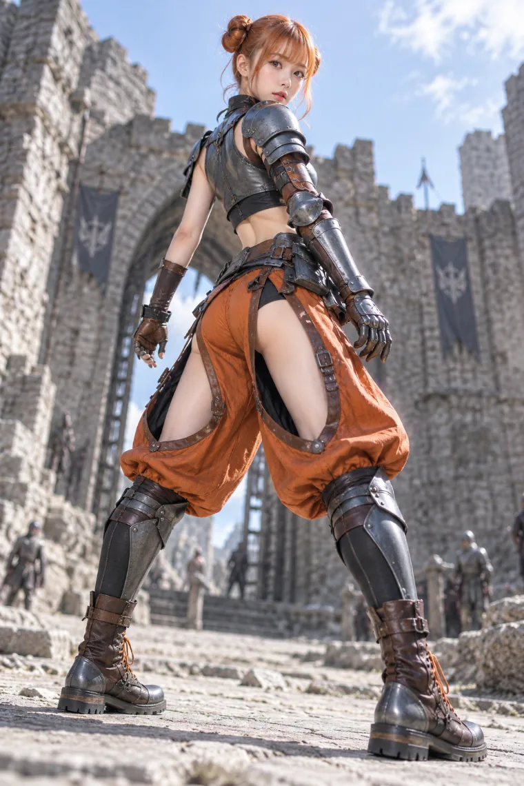 実写AI版|黒クロップドトップとスチール甲冑にバーントオレンジの大型バルーントラウザーを合わせた騎士コーデ
