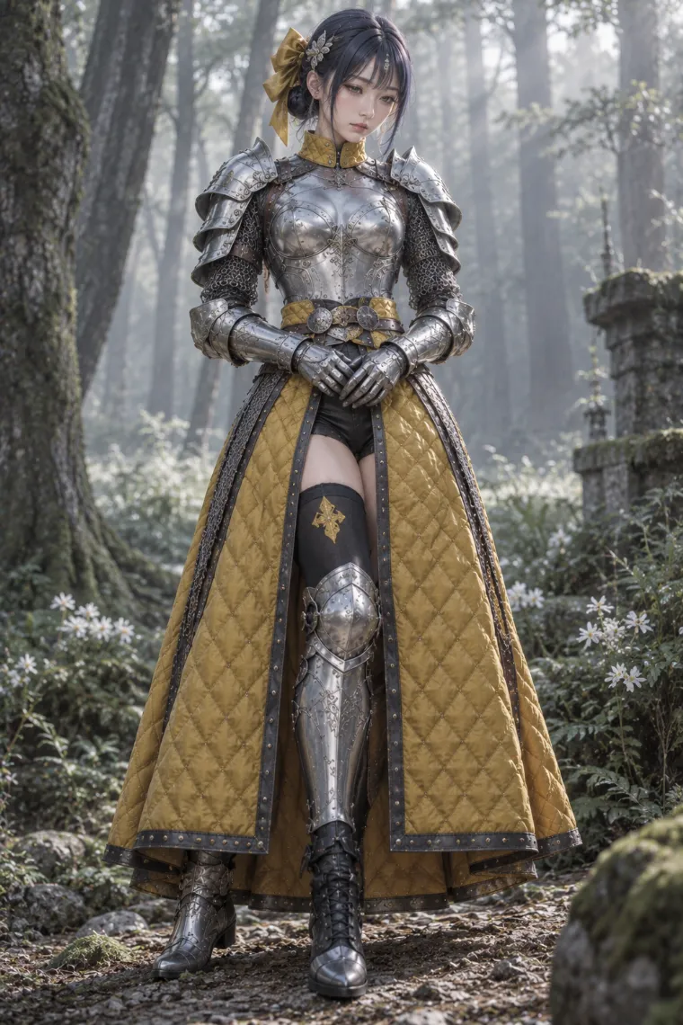 実写AI版|マスタードのキルティングロングスカートにシルバー甲冑と黒の編み上げブーツを合わせた騎士コーデ
