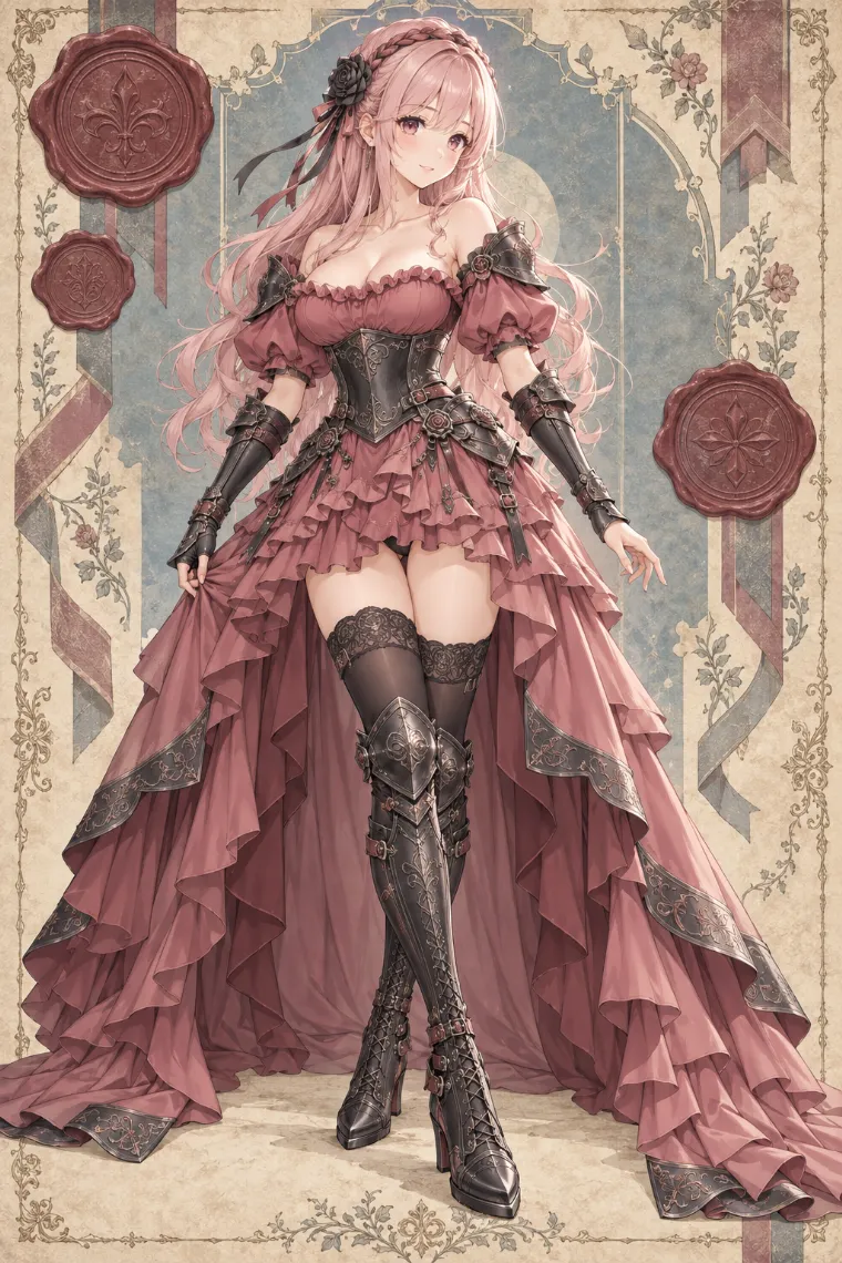 AIイラスト版|ダスティローズのオフショルドレスに黒鉄甲冑と前開きロングトレーンを合わせた騎士コーデ