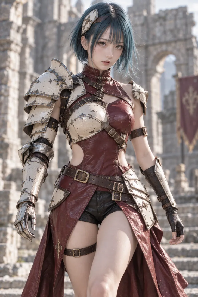 実写AI版|バーガンディのレザーコートドレスに欠けたアイボリーの左右非対称甲冑を合わせた騎士コーデ