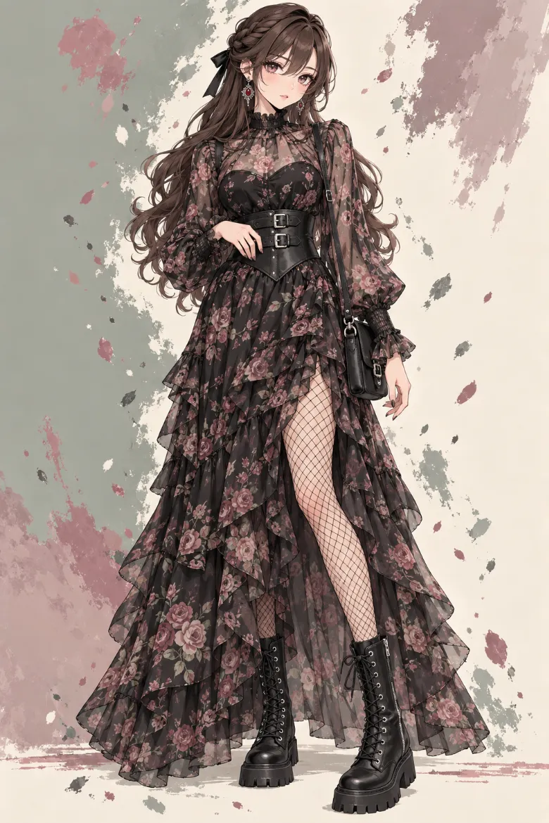 AIイラスト版｜黒の花柄シフォンロングドレスにレザーウエストシンチャーと編み上げコンバットブーツを合わせた編み上げファッション