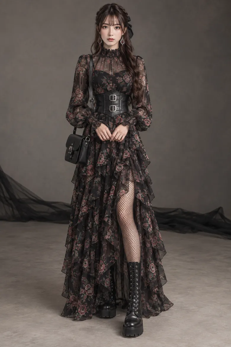 実写AI版｜黒の花柄シフォンロングドレスにレザーウエストシンチャーと編み上げコンバットブーツを合わせた編み上げファッション