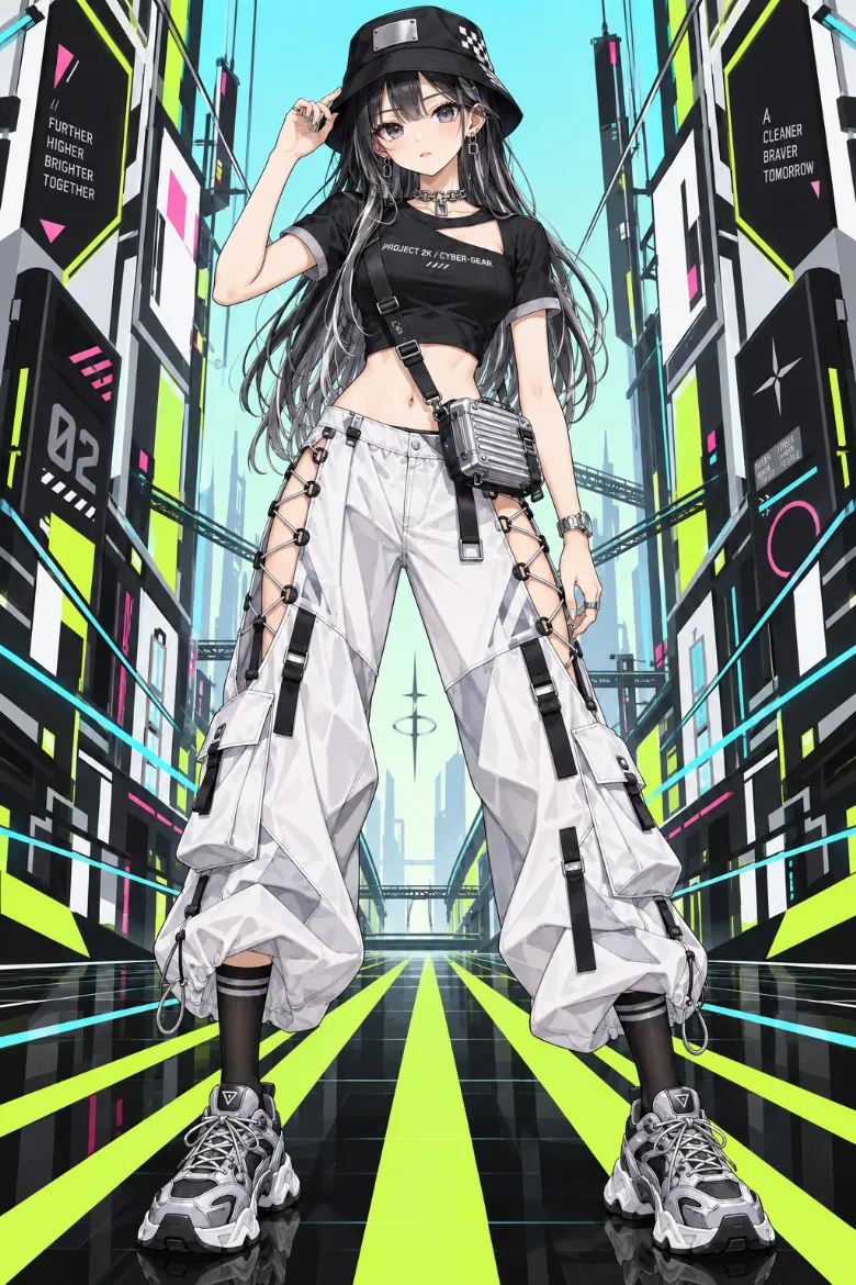 AIイラスト版｜黒クロップドTシャツと白×ライトグレーのワイドカーゴパンツに腰のコード編み上げを入れたストリートコーデ