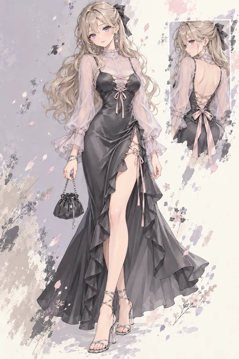 AIイラスト版｜チャコールのサテンスリップドレスにラベンダーのシアーブラウスを重ね、胸元・背中・スリットを編み上げたファッション