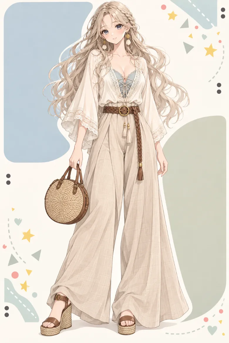 AIイラスト版｜アイボリーのVネックブラウスにベージュピンクのコードをクロスし、サンドベージュのワイドパンツを合わせたコーデ