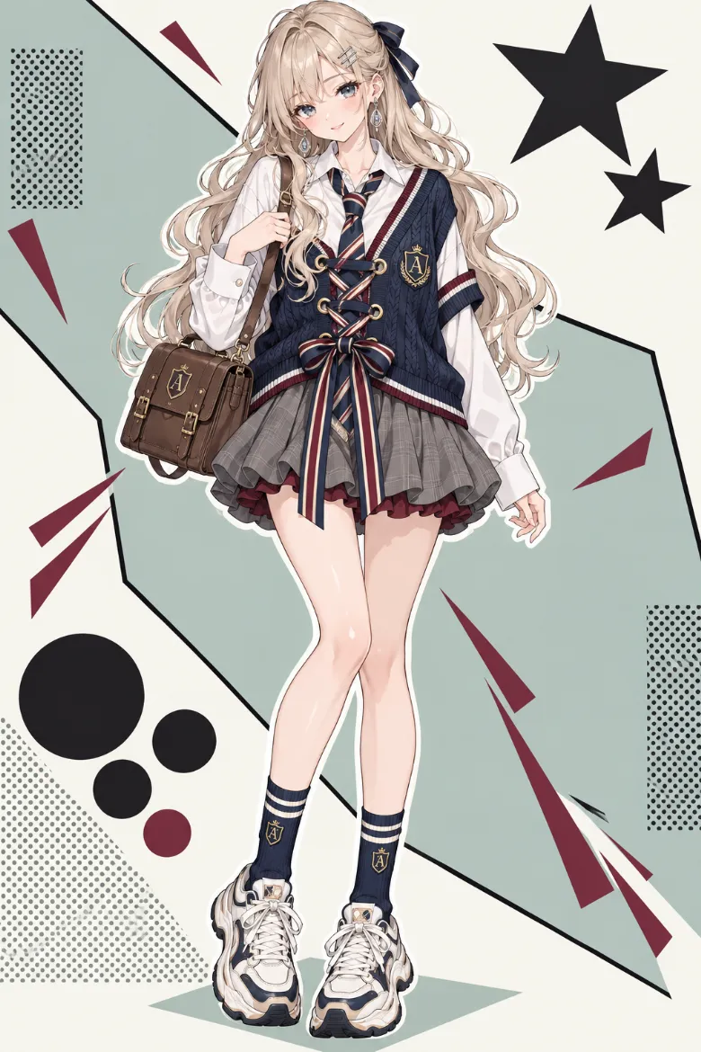 AIイラスト版｜白シャツとネイビーニットベスト、グレーのバブルミニスカートにストライプリボンの編み上げを合わせたスクール風コーデ