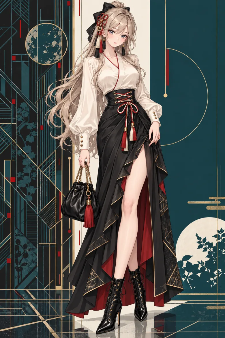 AIイラスト版｜アイボリーブラウスと黒マキシスカートに赤×クリームのコルセット風編み上げを入れたクラシカルコーデ