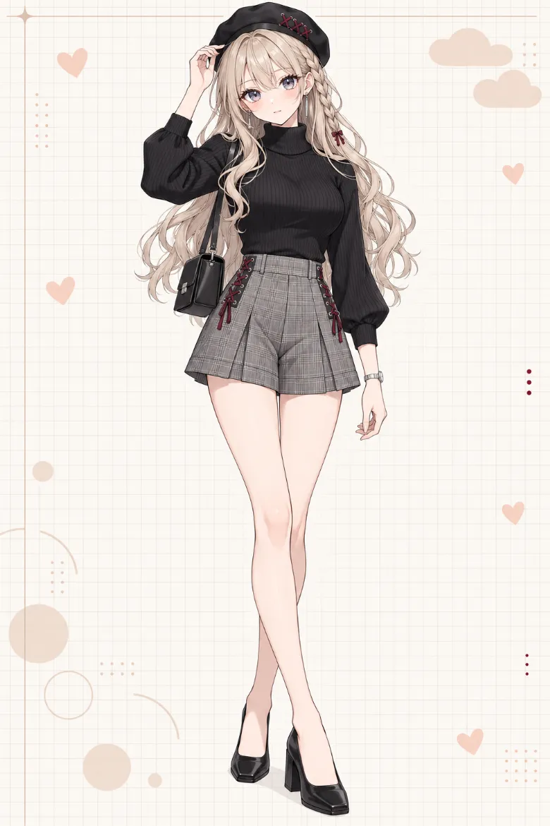 AIイラスト版｜黒タートルとグレーのチェックショートパンツにボルドー系コードの腰編み上げを入れたモードコーデ