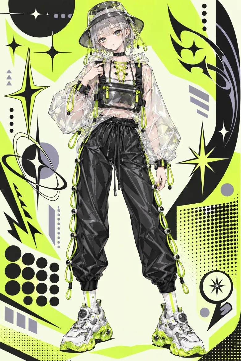 AIイラスト版｜透明フーデッドアノラックと黒ジョガーパンツにネオンイエローグリーンのコード編み上げを入れたスポーティーコーデ