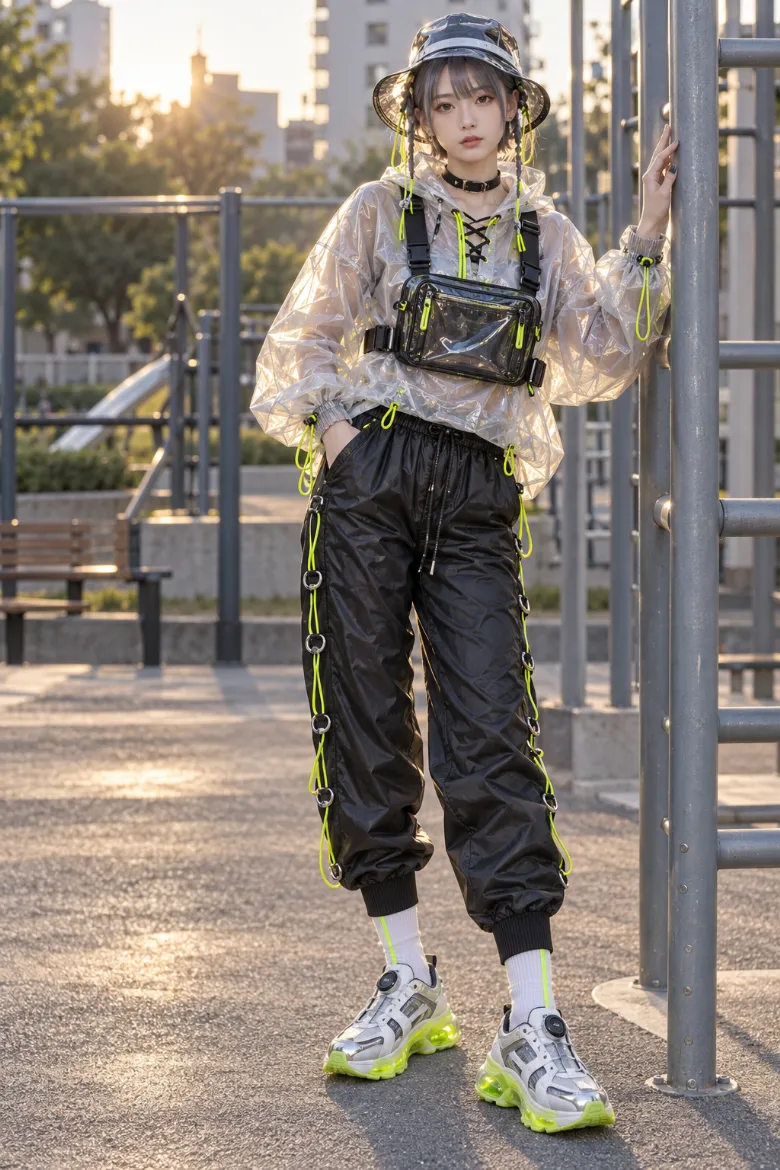 実写AI版｜透明フーデッドアノラックと黒ジョガーパンツにネオンイエローグリーンのコード編み上げを入れたスポーティーコーデ