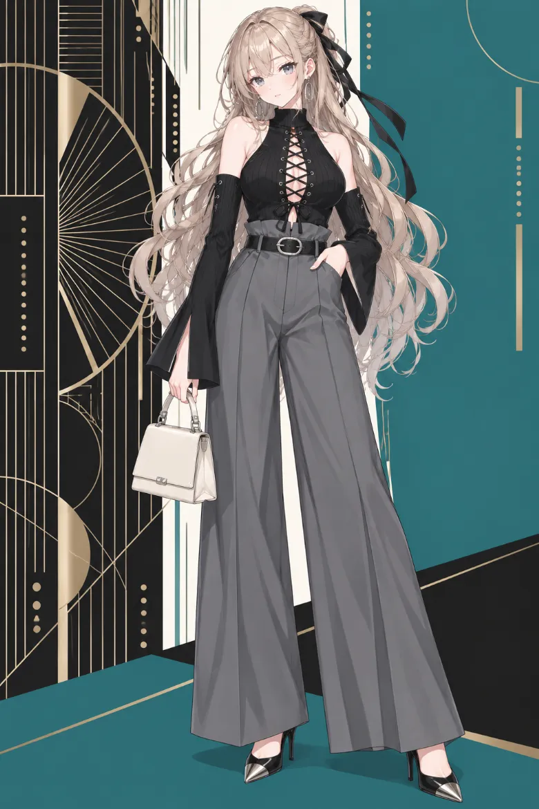 AIイラスト版｜黒のホルタートップ胸元キーホールを黒コードで編み上げ、スレートグレーのワイドパンツを合わせたモードコーデ