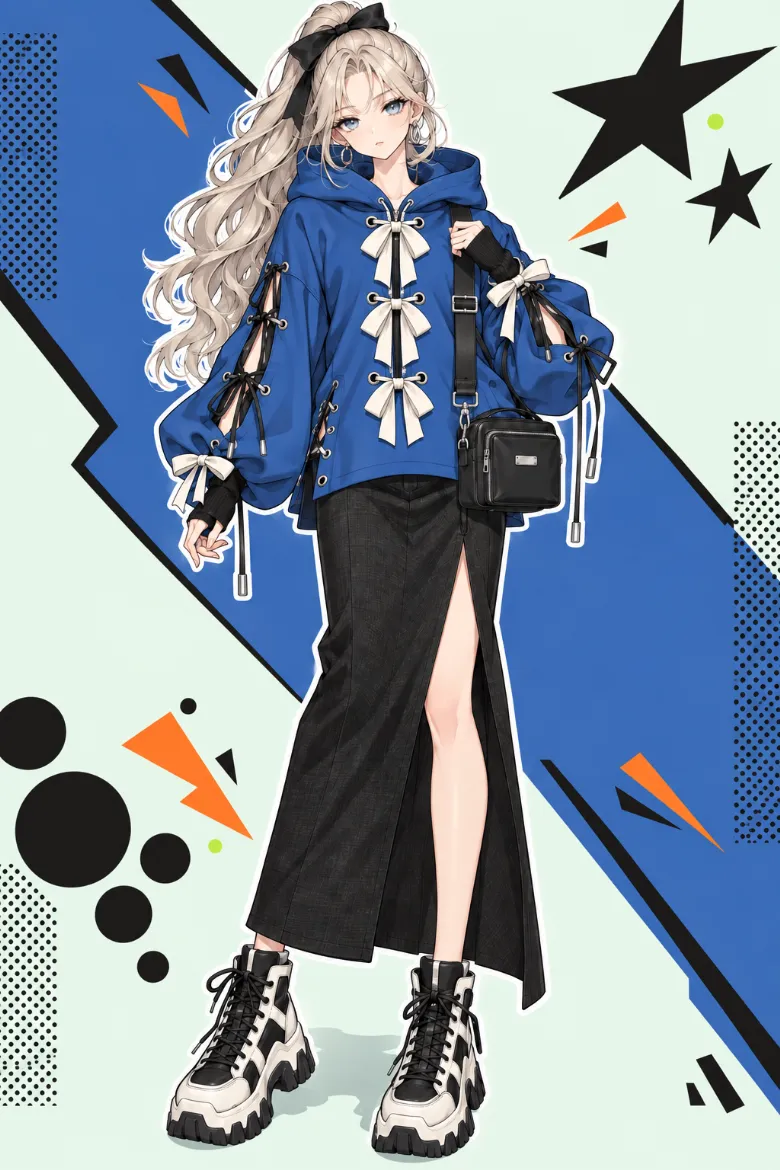 AIイラスト版｜コバルトブルーのオーバーサイズフーディー前面・脇・袖をリボンとコードで編み上げ、黒ロングスカートを合わせたコーデ