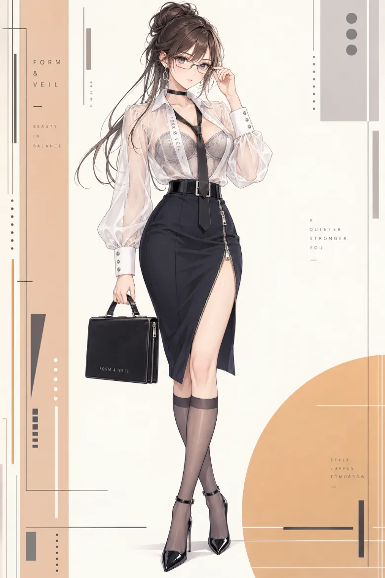 AIイラスト版｜白シアーブラウスとコルセットトップ、ペンシルスカートのオフィスサイレンコーデ